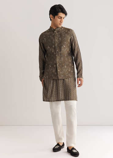 Brown Chanderi Silk Jacket Kurta Set With Mirror And Stone Work