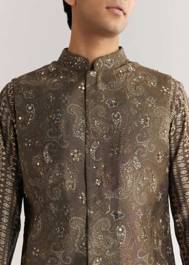 Brown Chanderi Silk Jacket Kurta Set With Mirror And Stone Work
