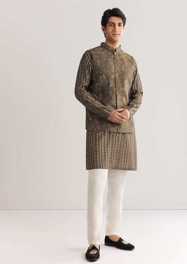 Brown Chanderi Silk Jacket Kurta Set With Mirror And Stone Work