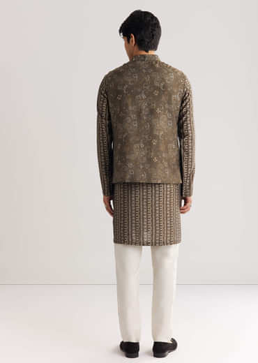 Brown Chanderi Silk Jacket Kurta Set With Mirror And Stone Work