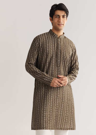 Brown Chanderi Silk Jacket Kurta Set With Mirror And Stone Work