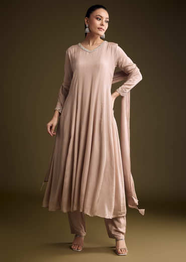 Brown Chinon Anarkali Suit With Sequin Embroidery