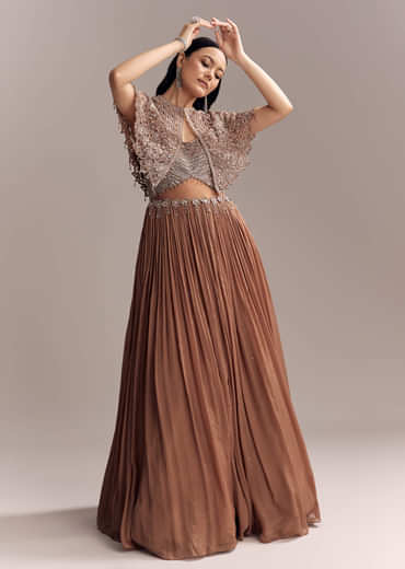 Brown Chinon Contemporary Gown With Embroidered Cape