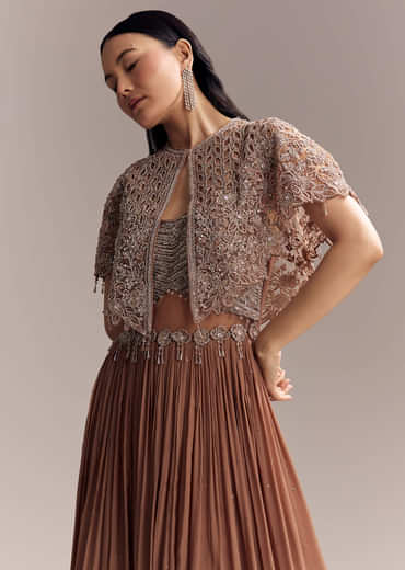 Brown Chinon Contemporary Gown With Embroidered Cape