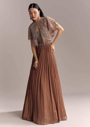 Brown Chinon Contemporary Gown With Embroidered Cape