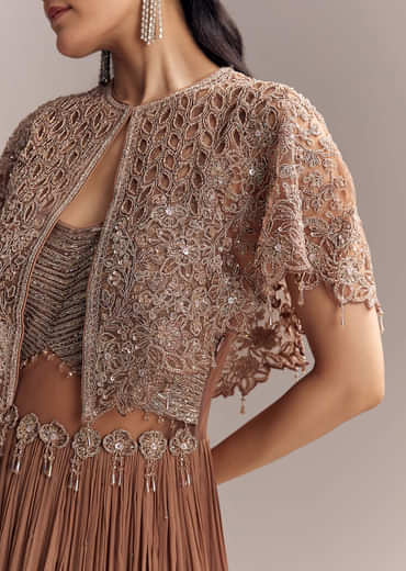 Brown Chinon Contemporary Gown With Embroidered Cape