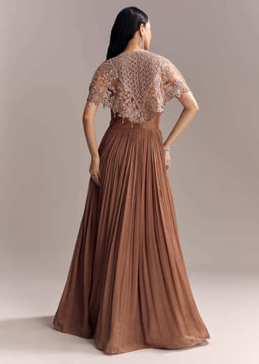 Brown Chinon Contemporary Gown With Embroidered Cape