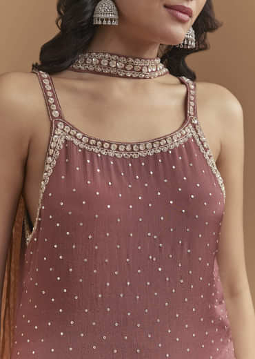 Brown Chinon Palazzo Suit With Sequins Hand Embroidery