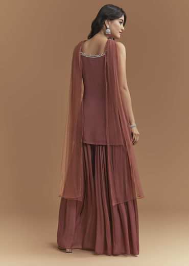 Brown Chinon Palazzo Suit With Sequins Hand Embroidery