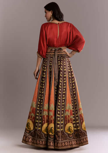 Brown Crepe Crop Top And Printed Skirt Set