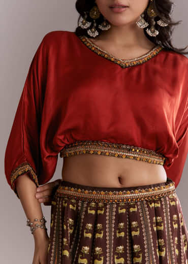 Brown Crepe Crop Top And Printed Skirt Set
