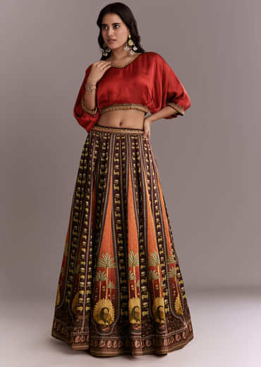 Brown Crepe Crop Top And Printed Skirt Set