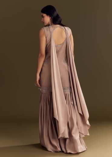 Brown Crepe Kurta Sharara With Choker Style Net Dupatta