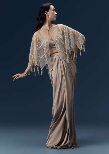 Brown Crop Top Skirt Set with Cape