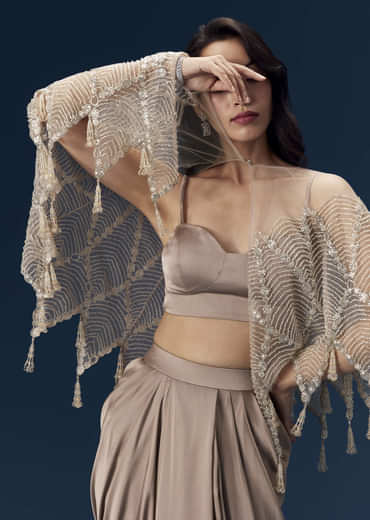 Brown Crop Top Skirt Set with Cape