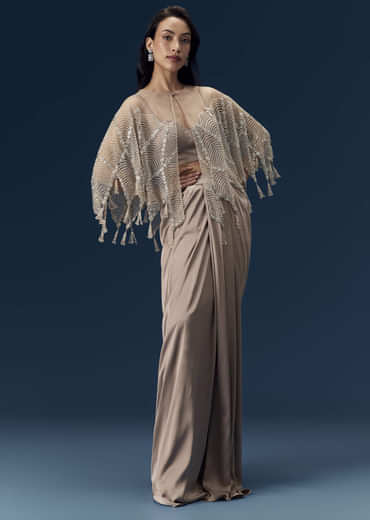 Brown Crop Top Skirt Set with Cape