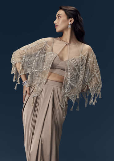 Brown Crop Top Skirt Set with Cape