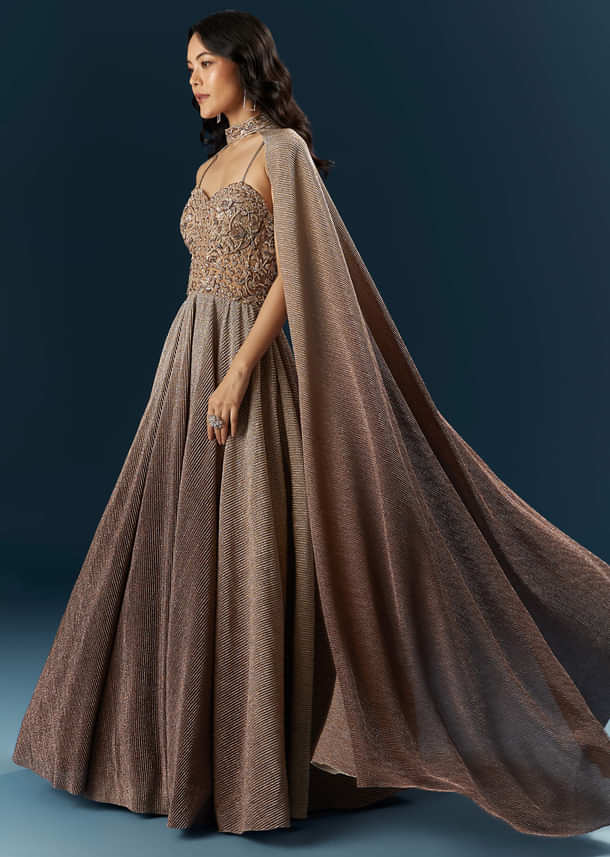 Brown Imported Net Bridal Gown With Heavy Embroidery