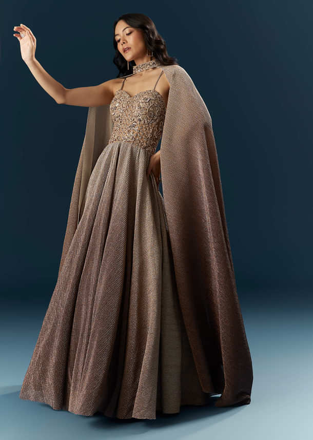 Brown Imported Net Bridal Gown With Heavy Embroidery