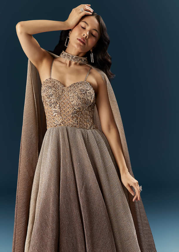 Brown Imported Net Bridal Gown With Heavy Embroidery