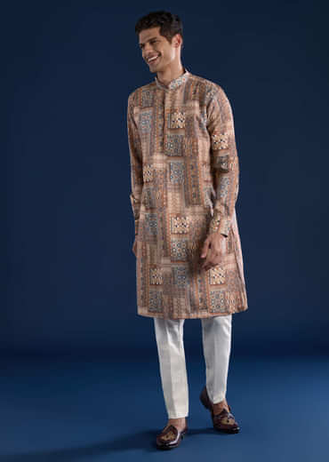 Brown Kantha Work Printed Mens Kurta and Pant Set