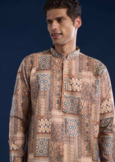 Brown Kantha Work Printed Mens Kurta and Pant Set