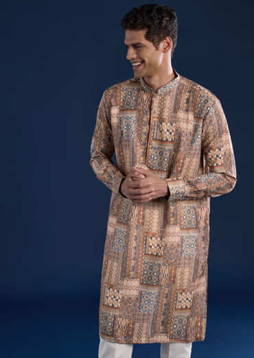 Brown Kantha Work Printed Mens Kurta and Pant Set