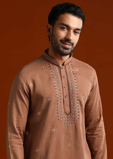 Brown Kurta Set For Men With Thread Work