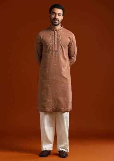Brown Kurta Set For Men With Thread Work
