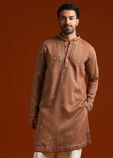 Brown Kurta Set For Men With Thread Work