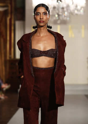 Brown Lace Crop Top And Skirt Set With Bead Embroidery