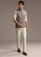 Brown Linen Kurta Jacket Set For Men With Kantha Embroidery