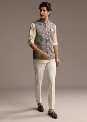 Brown Linen Kurta Jacket Set For Men With Kantha Embroidery