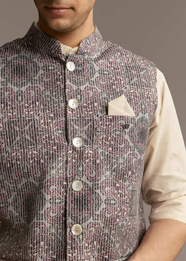 Brown Linen Kurta Jacket Set For Men With Kantha Embroidery
