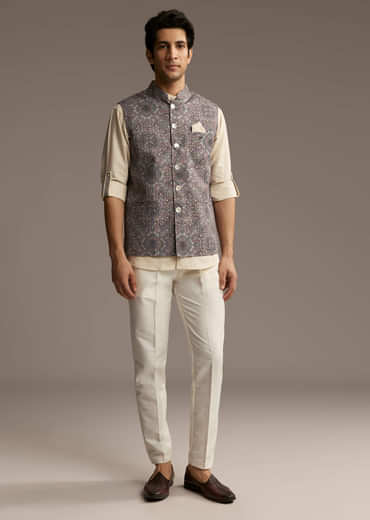 Brown Linen Kurta Jacket Set For Men With Kantha Embroidery