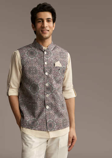 Brown Linen Kurta Jacket Set For Men With Kantha Embroidery