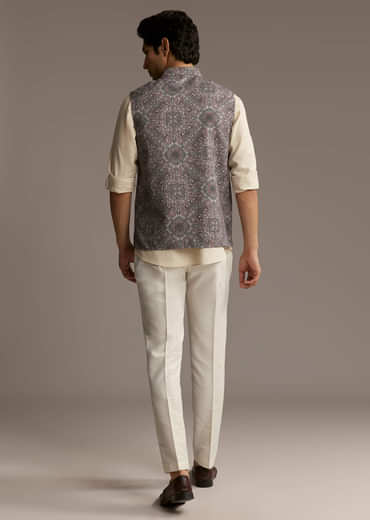 Brown Linen Kurta Jacket Set For Men With Kantha Embroidery