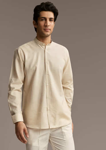 Brown Linen Kurta Jacket Set For Men With Kantha Embroidery