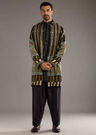 Brown Modal Kurta Jacket Set For Men With Hand Block Ajrakh Print