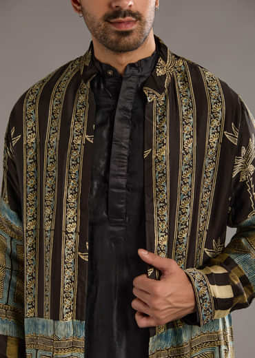 Brown Modal Kurta Jacket Set For Men With Hand Block Ajrakh Print