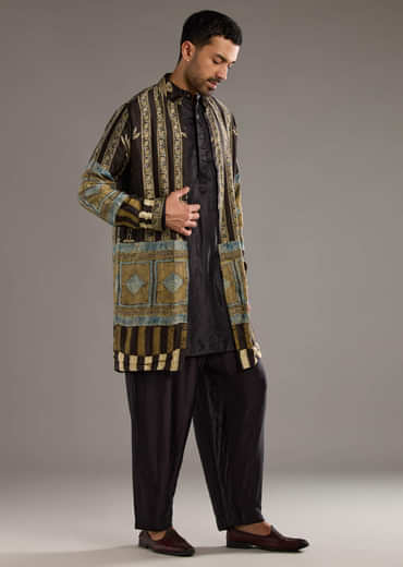 Brown Modal Kurta Jacket Set For Men With Hand Block Ajrakh Print