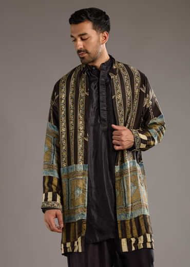 Brown Modal Kurta Jacket Set For Men With Hand Block Ajrakh Print