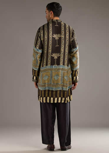Brown Modal Kurta Jacket Set For Men With Hand Block Ajrakh Print