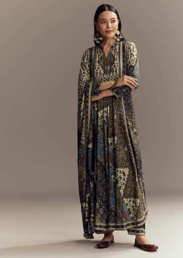 Brown Muslin Printed Anarkali Suit