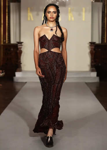 Brown Net Bridal Gown With Hand Embroidery