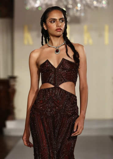 Brown Net Bridal Gown With Hand Embroidery