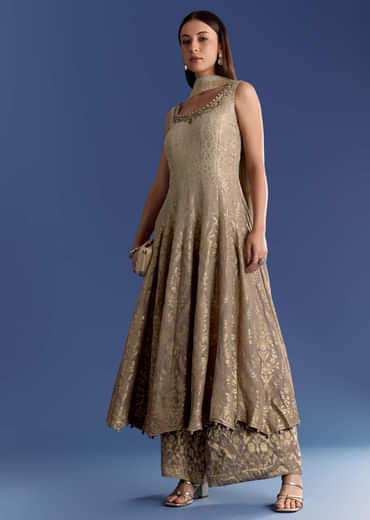 Brown Ombre Georgette Anarkali With Cutdana Neck And Zari Dupatta