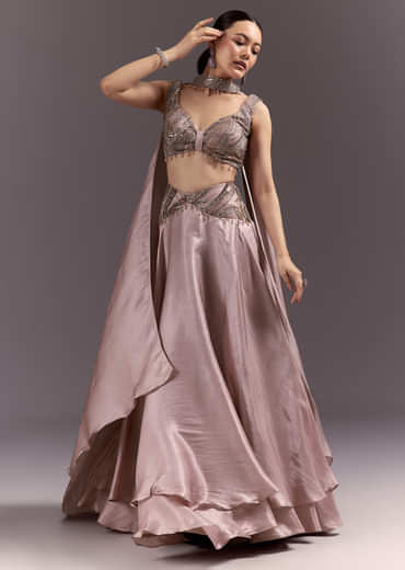 Brown Organza Lehenga With Sweetheart Neck Blouse And Choker Dupatta