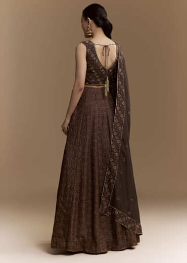 Brown Printed Silk Bridesmaid Lehenga Set with Dupatta