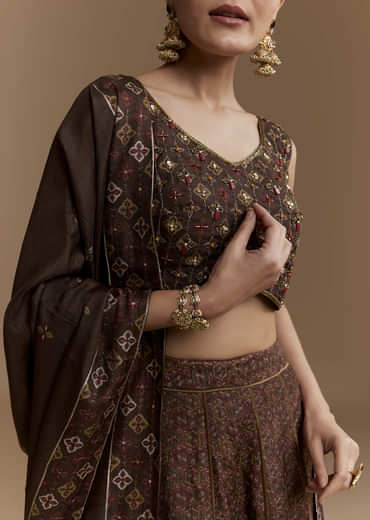 Brown Printed Silk Bridesmaid Lehenga Set with Dupatta